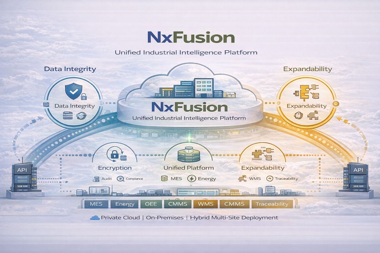 NxFusion Unified Industrial Intelligence Platform — Data Integrity, Encryption, Unified Platform, Expandability, MES, Energy, OEE, CMMS, WMS, Traceability. Private Cloud | On-Premises | Hybrid Multi-Site Deployment.